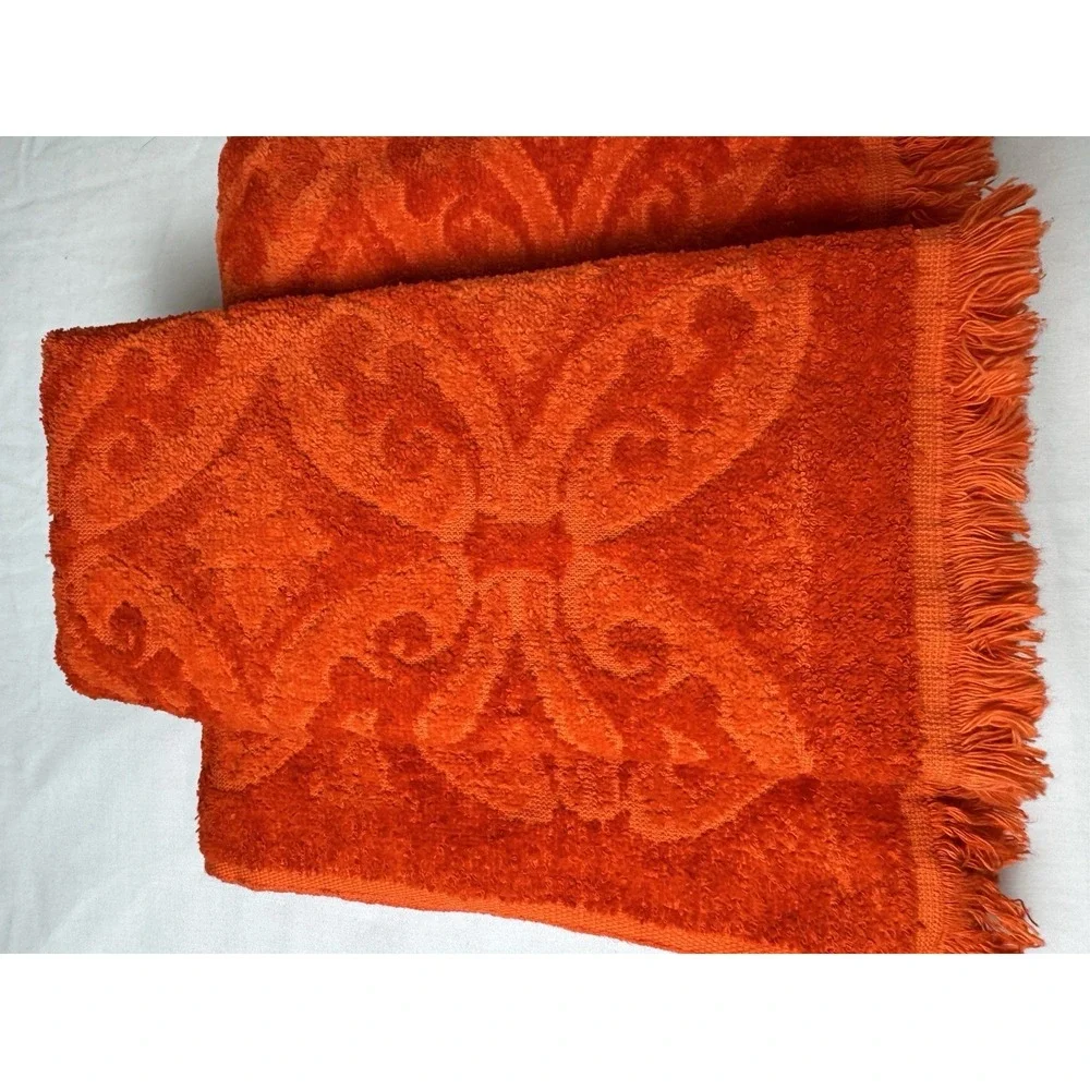 VTG JC Penney Textured Bath & Hand Towel Set Orange 70s MCM Sculpted